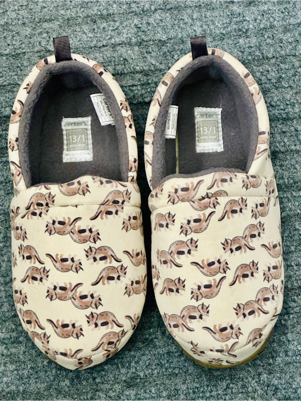 NEW Carters Unisex Dinosaur Slippers XXL 13-1 True Slipper Sueded Khaki House